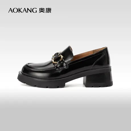 奥康女鞋 春秋款女士乐福鞋豆豆鞋厚底粗跟增高真皮小皮鞋百搭商品大图