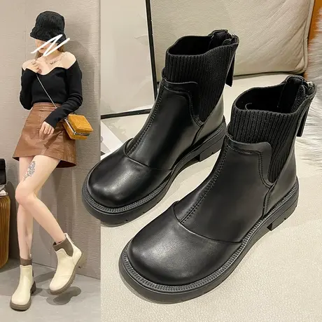 马丁靴女2023年秋冬新款时尚百搭英伦风短靴弹力瘦瘦靴子单靴加绒图片