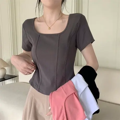 大码女装鱼骨短袖t恤女夏季新款微胖mm辣妹正肩显瘦短款上衣200斤商品大图