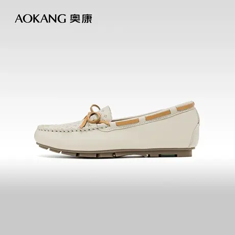 奥康女鞋 2024春季新款真皮平底豆豆鞋圆头百搭舒适软底乐福鞋商品大图