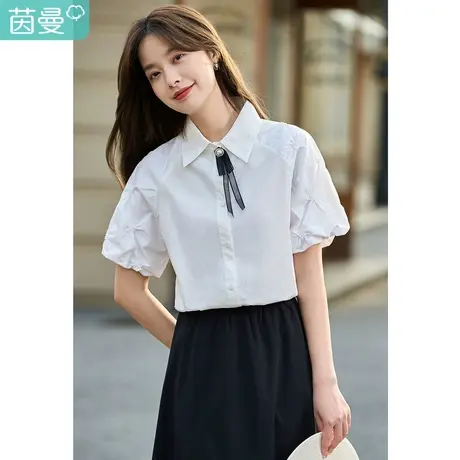茵曼2023春女装新款甜美刺绣学院风领结泡泡袖法式短袖衬衫衬衣图片