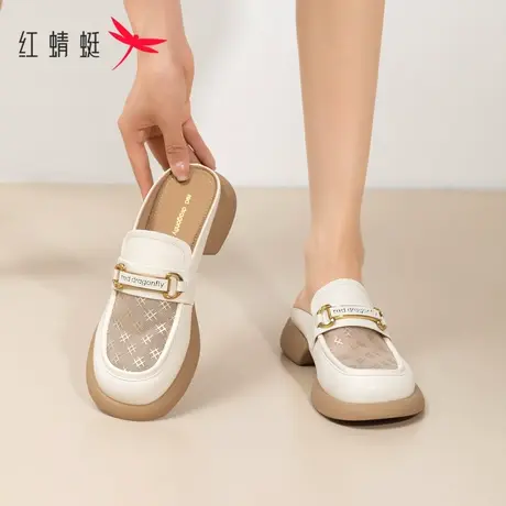 红蜻蜓半拖鞋2023新款一脚蹬乐福拖鞋女女鞋夏季网纱透气包头凉鞋商品大图