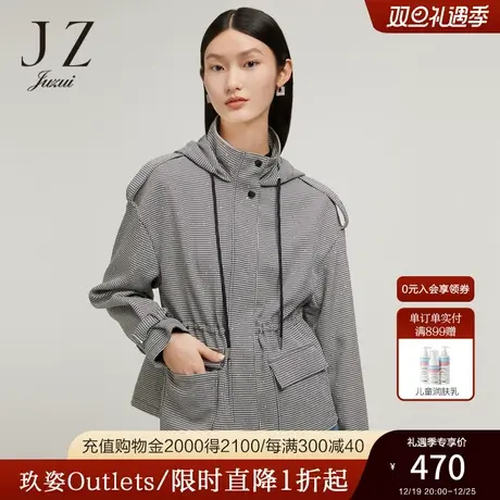 玖姿2022年秋季新款法式千鸟格抽绳立领休闲外套女图片