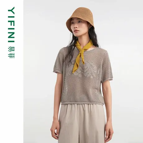 [专柜同款]Yifini/易菲三醋酸棉凉感镂空套头衫女宽松短款针织衫商品大图