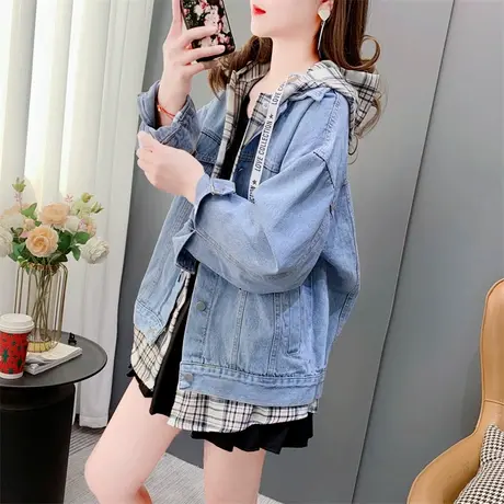 格子衬衫拼接假两件牛仔外套女春秋新款韩版宽松百搭复古夹克上衣图片