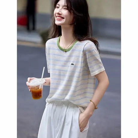 时尚气质休闲简约短袖夏季针织衫女士2025年夏日新品百搭日系T恤图片