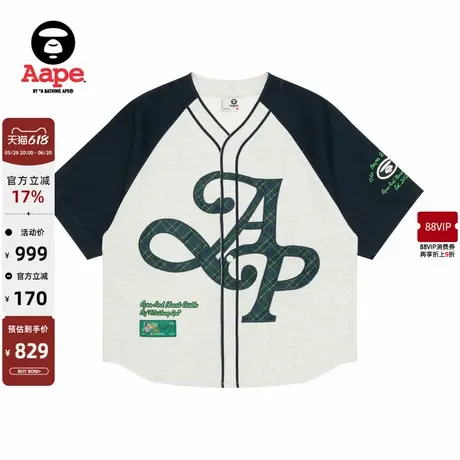 Aape旗舰店男装春夏格纹字母刺绣美式潮流宽松开衫短袖T恤1660XAO商品大图