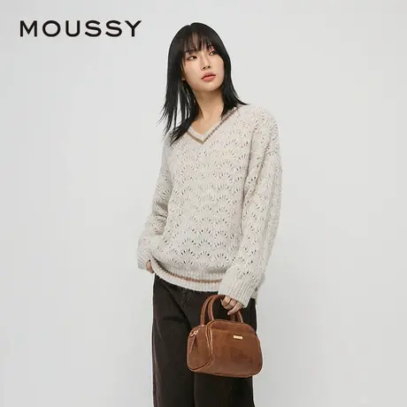 MOUSSY 夏季新品撞边V领毛绒针织衫慵懒感毛衣028HAZ70-2241商品大图
