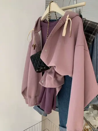 高级感法式连帽卫衣女气质别致独特单排扣外套休闲帽衫开衫上衣潮商品大图