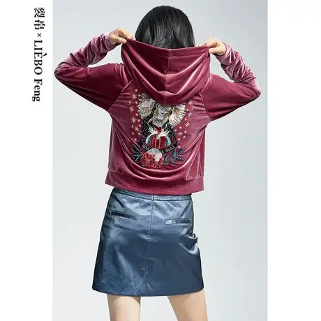 裂帛LIEBOFeng设计师品牌2023年chic复古丝绒刺绣Vintage连帽卫衣图片