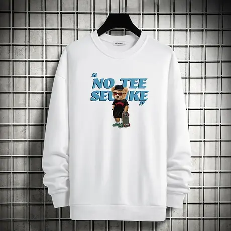 白色卫衣男宽松潮流百搭春秋款加绒套头无帽小熊上衣圆领长袖t恤商品大图