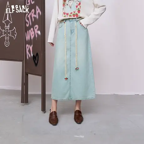妖精的口袋高腰a字牛仔半身裙女2025早秋新款波嬉风抽绳显瘦长裙图片