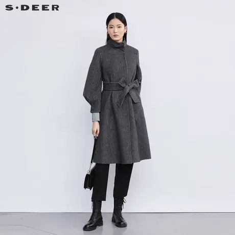 sdeer圣迪奥女装立领格纹收腰泡泡袖毛呢大衣S22482514商品大图