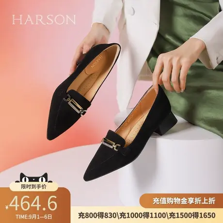 哈森羊反绒单鞋女秋季新款时尚尖头粗跟通勤女单鞋HWS240105商品大图