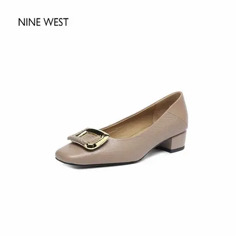 Nine West/玖熙气质一脚蹬真皮粗跟高跟鞋方头软皮复古单鞋女商品大图