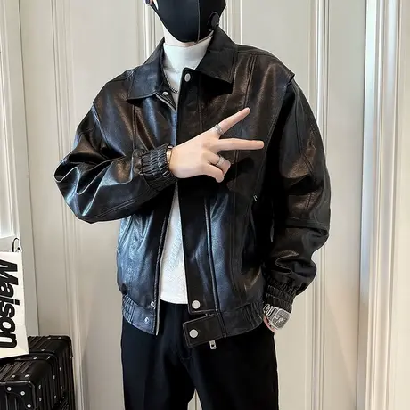 皮衣外套男秋季潮牌复古痞帅机车夹克潮男百搭个性翻领皮夹克上衣图片