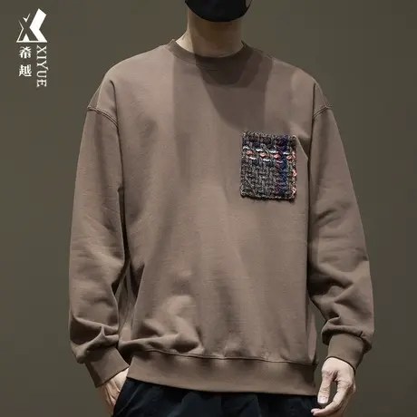 2023秋季新款咖色套头卫衣男宽松大码380g针织口袋男款内搭打底衫商品大图