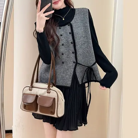 唐狮秋冬气质风撞色边设计圆领开衫马甲女毛衣外穿高级感百搭TD图片