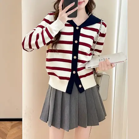 唐狮秋冬海军领设计条纹针织开衫女春秋外套高级感时尚毛衣女tu图片