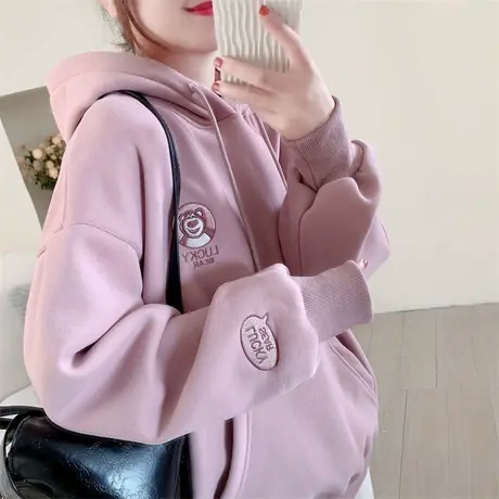 卡通小熊刺绣加绒加厚连帽卫衣女秋冬新款宽松洋气减龄设计感上衣商品大图