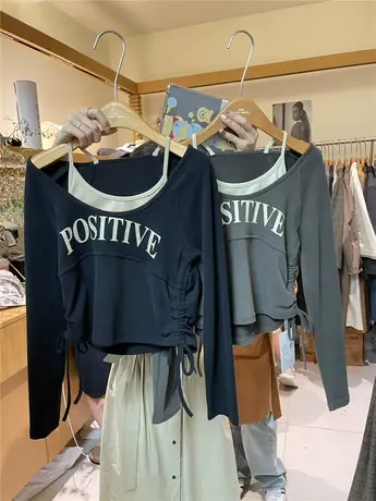 十三行女装秋冬字母印花双侧抽绳气质百搭假两件长袖T恤上衣商品大图