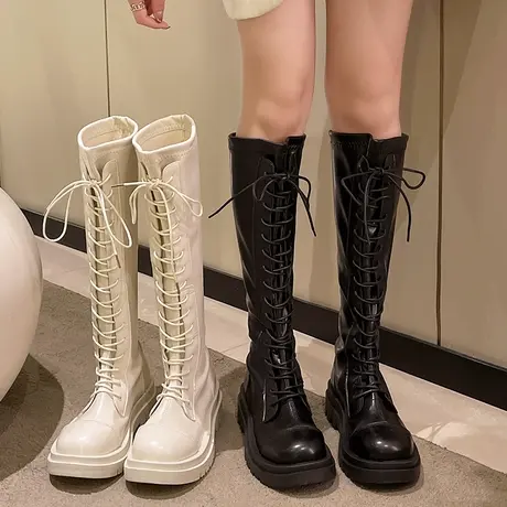 长筒靴骑士靴白色长靴春秋单靴粗腿胖mm大筒围弹力高筒靴子女靴子商品大图