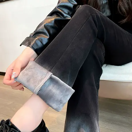 高腰微喇裤直筒牛仔裤女2023冬季新款加绒渐变色小个子马蹄喇叭裤商品大图