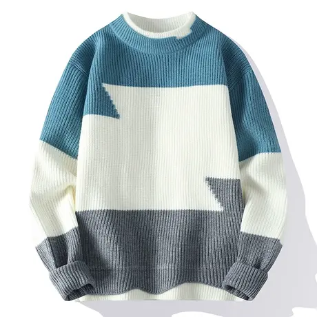 毛衣男士秋冬季2023年宽松加厚羊毛线衣服圆领拼色打底针织衫冬装商品大图