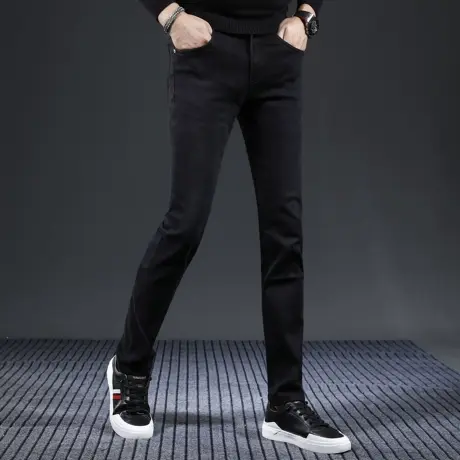 高端牛仔裤男2023新款秋冬季修身小脚裤黑色厚款休闲舒适男士裤子商品大图