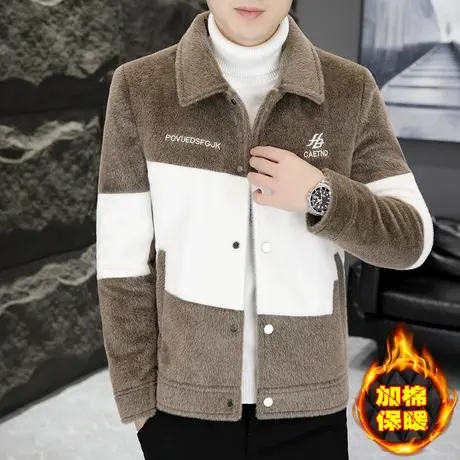 秋冬季高端水貂绒加棉夹克男加厚休闲毛呢子外套痞帅潮流短款风衣商品大图