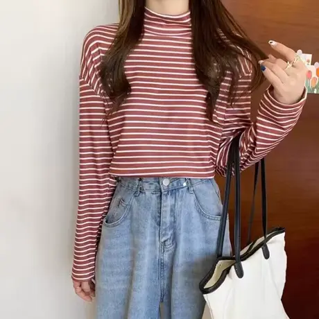 加绒加厚半高领条纹长袖T恤女秋冬宽松德绒磨毛内搭打底衫上衣潮商品大图