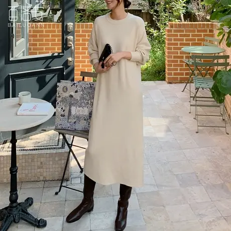 百洛安温柔风气质圆领针织连衣裙女秋冬长款过膝宽松长袖套头毛衣图片