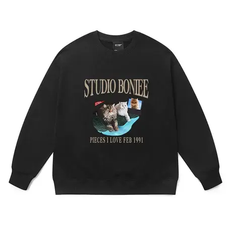 美式复古可爱猫咪印花圆领卫衣男潮牌运动青少年宽松套头情侣上衣商品大图