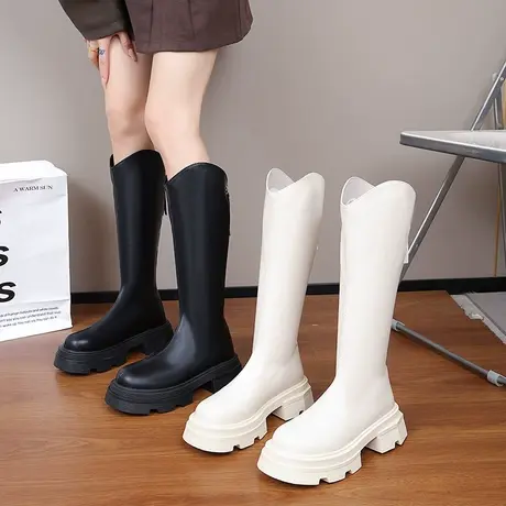 法式长筒靴女2023年春秋季新款网红ins英伦风瘦瘦靴粗跟v口骑士靴图片