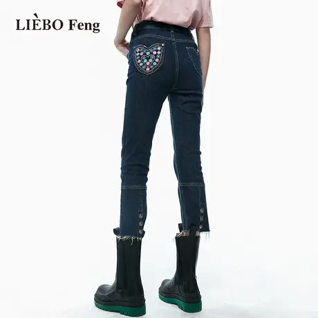 裂帛LIEBOFeng小众设计感原创爱心刺绣修身蓝色显瘦九分牛仔裤女商品大图