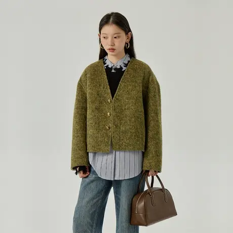 omont蛋挞家 复古V领双面呢大衣冬季新款宽松短款呢子外套女商品大图