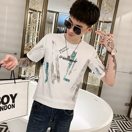 夏季男士t恤打底衫短袖修身半袖网红潮流潮牌涂鸦个性帅气ins体恤商品大图