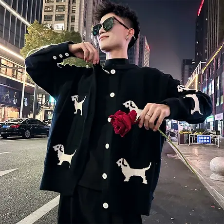 设计感潮牌慵懒风针织开衫男秋冬款时尚卡通小狗提花宽松毛衣外套商品大图