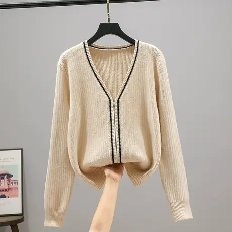 V领针织衫开衫女2023春秋新款长袖纯色拉链衫外套女上衣纯色外搭商品大图