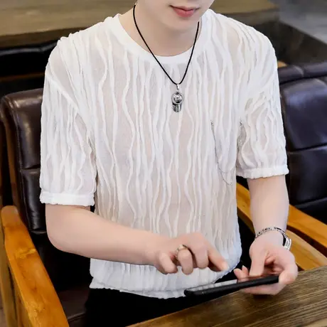 个性圆领短袖T恤男夏季压褶设计感潮牌时尚帅气体恤网红男装上衣商品大图