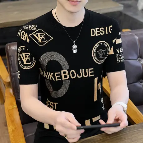 冰丝针织短袖t恤男夏季薄款潮流字母提花冰感青年男装体恤上衣服商品大图