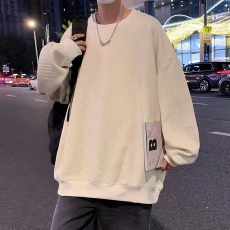 圆领卫衣男春秋季2024新款内搭美式休闲打底衫潮流纯色上衣服提花商品大图