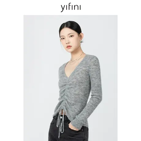 Yifini/易菲纯色坑条针织衫V领下摆抽绳毛衫女春秋新款短款商品大图