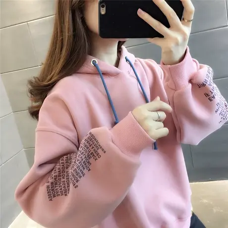 2023年秋冬新款加绒加厚卫衣女韩版宽松套头连帽洋气减龄上衣粉色商品大图
