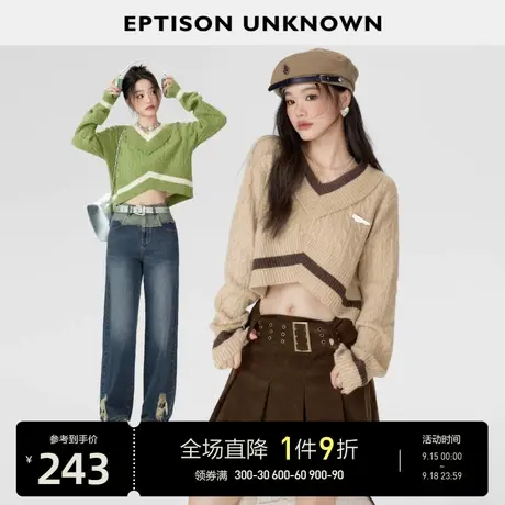 EPTISON毛衣女2023年秋季新款复古V领短款甜辣宽松学院风针织上衣商品大图