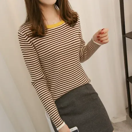 春装2024年新款套头韩版圆领条纹内搭毛衣女长袖修身针织打底衫女商品大图