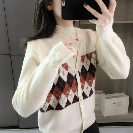 半高领针织衫女士秋冬季2023新款假两件套头菱形格子打底毛衣上衣商品大图