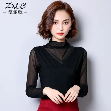 蕾丝打底衫女春秋长袖内搭薄款网纱上衣百搭修身黑色洋气高领小衫商品大图