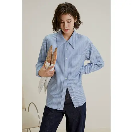 弥古蓝色条纹衬衫外套女春秋长袖高级感职业通勤衬衣宽松显瘦上衣商品大图