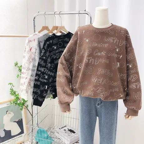 日系原宿风宽松古着感加绒上衣2021秋冬款韩国东大门小众卫衣保暖图片